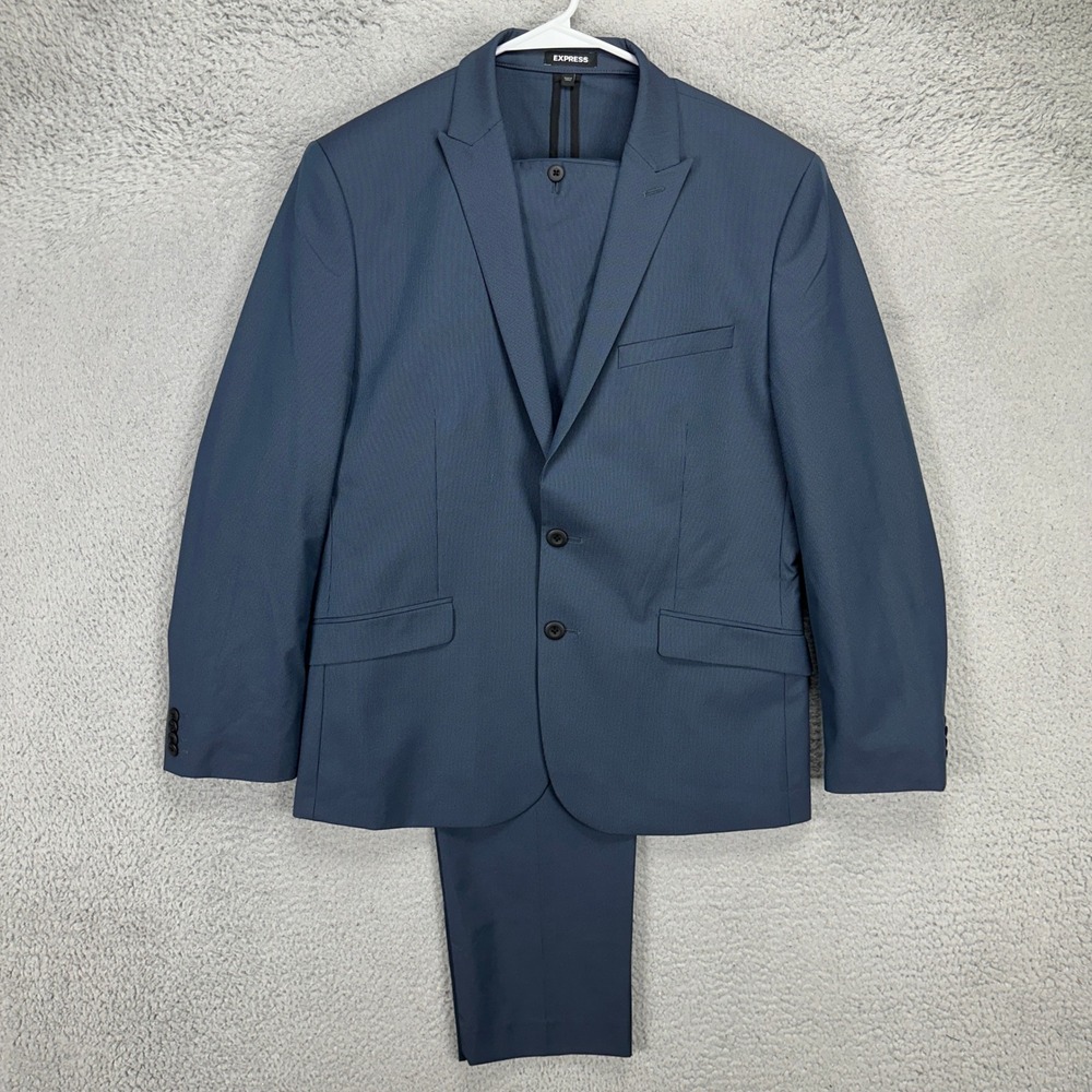 Express Mens 2 Piece Suit Pants 42S Short 38X28 Navy Blue Extra Slim Stretch NEW